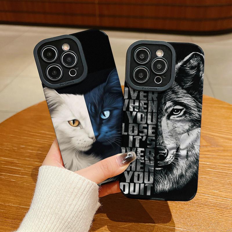 Handyhülle aus Leder mit vertikaler Maserung, Wolfskatze-Druck, weiches Silikon, Rückseite, mit vollem Kameraschutz für Samsung