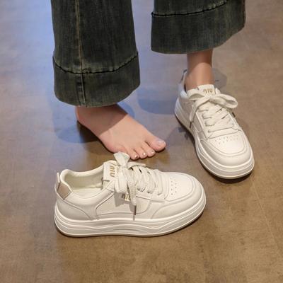 Women's Lightweight Genuine Leather White Sneakers - New Autumn 2025, Thick-Soled, Comfortable, Versatile Lace-Up Casual Shoes