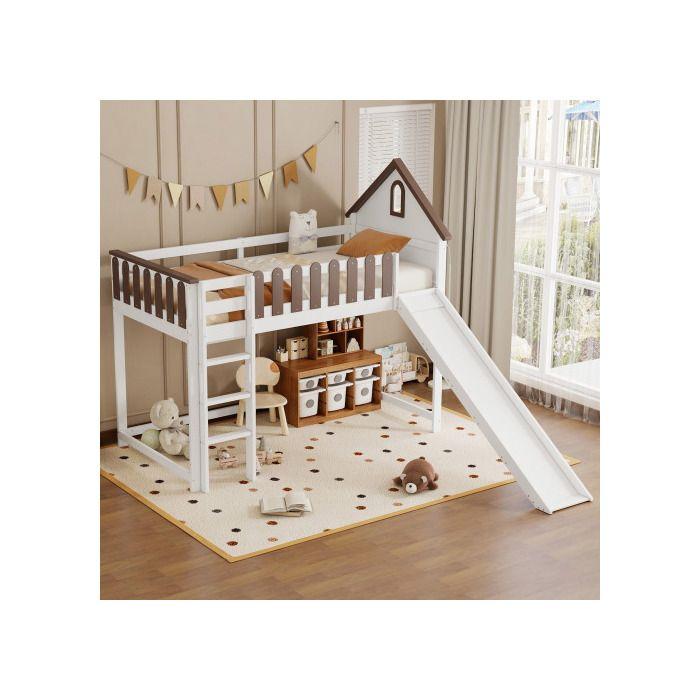 Zvýšená postel - MUVOE - 90x200cm - Bílá + Ořech - Rovný žebřík - Skluzavka