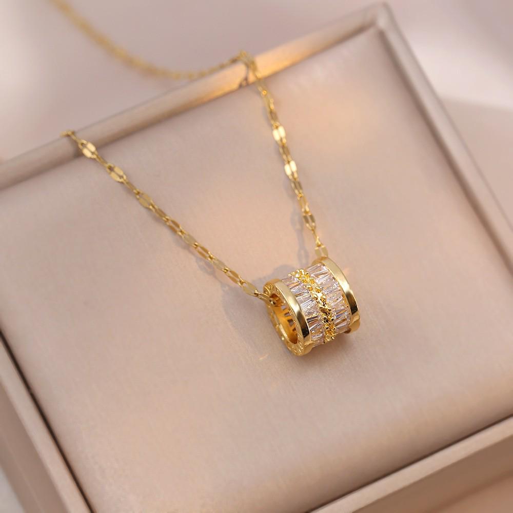 Titanium Steel Tassel Necklace with Diamond Inlay and Shiny Slim Waist Design for Women