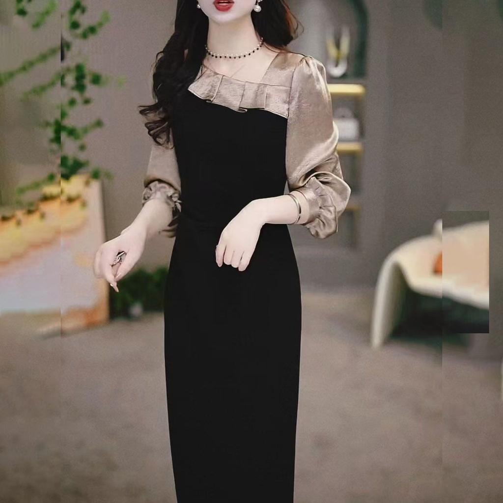 Patchwork Design Sense Dress Women's Spring Autumn High-End Temperament Split Waist-Cinching Black Skirt