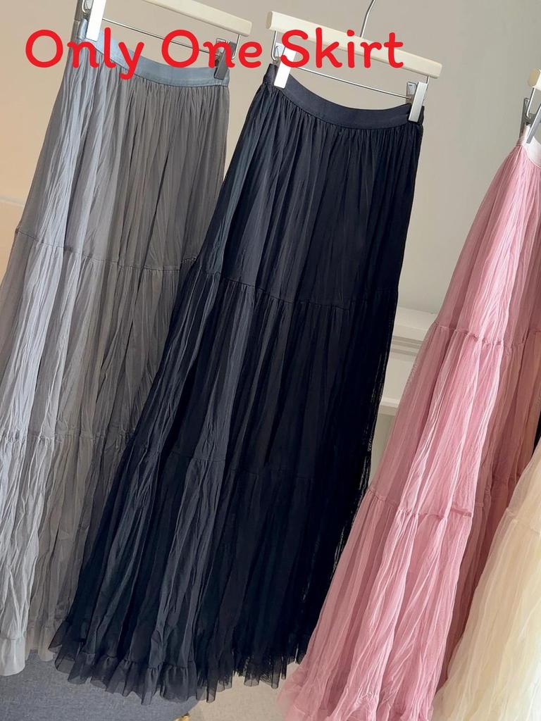 Pure Color Mesh Panel Long Skirt With Pleats For Casual Womens Fashion