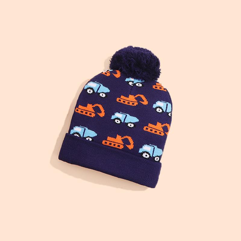 Unisex Cartoon Excavator Wool Pom-Pom Knit Hat for Kids - Warm Autumn Winter