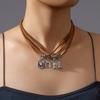 Vintage Western Style Multi Layer Pendant Necklace for Women and Girls in Brown Leather with Sophisticated Accents