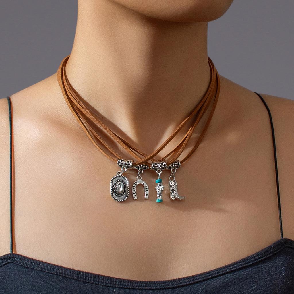Vintage Western Style Multi Layer Pendant Necklace for Women and Girls in Brown Leather with Sophisticated Accents