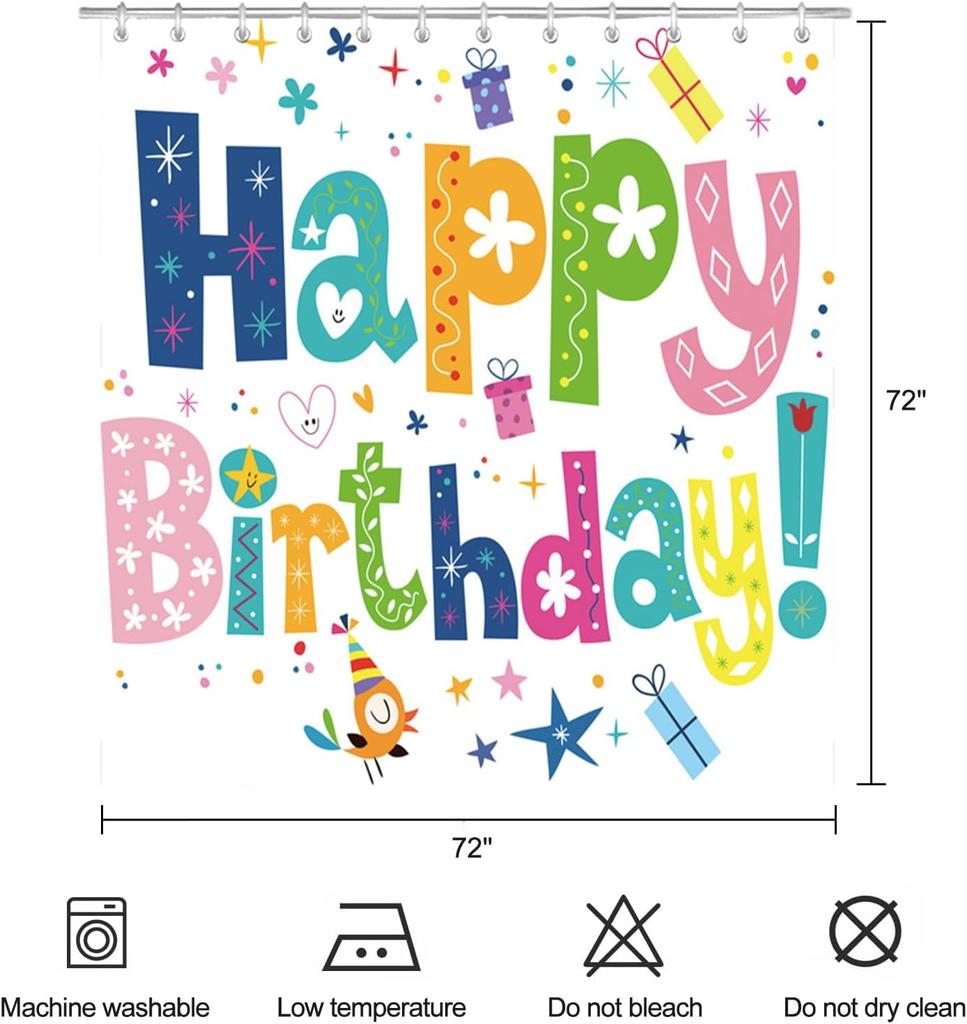 Happy Birthday Rainbow Shower Curtain For Kids Party Polyester Fabric Bathroom Decor With Colorful Celebration Pattern