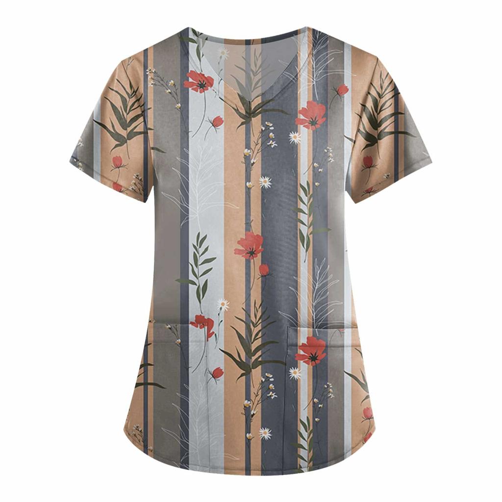 Damesmode werkkleding met V-hals, korte mouwen en bedrukte zakken