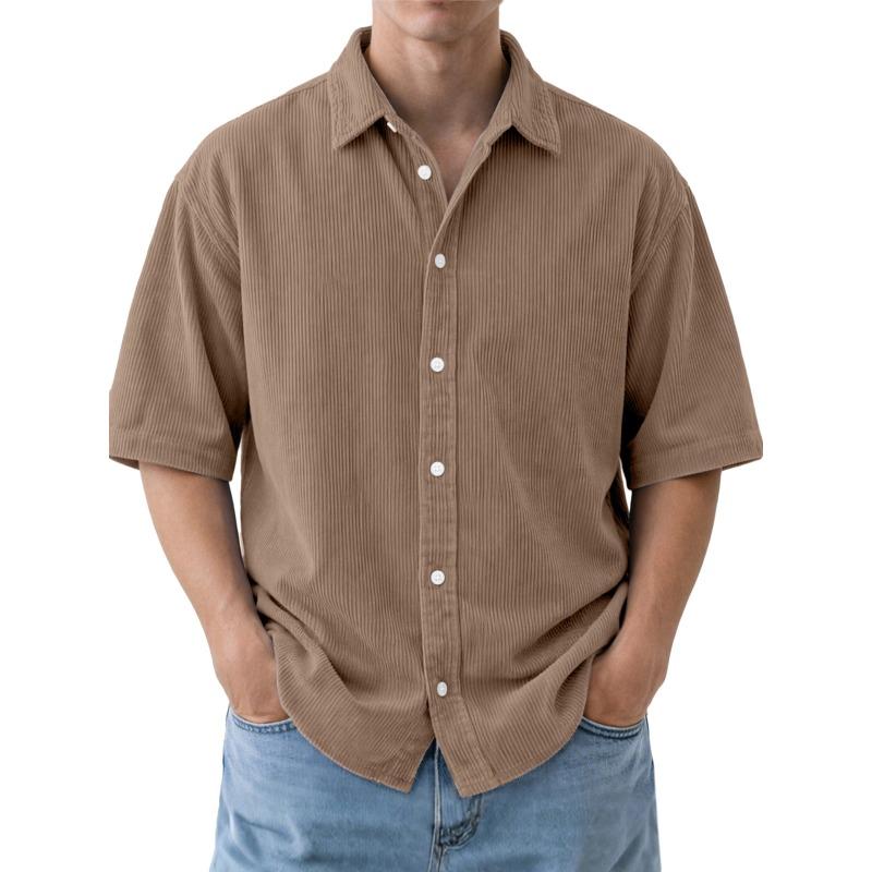 Mens Corduroy Short Sleeve Button Down Shirt Casual Spread Collar Solid Color Loose Fit Top