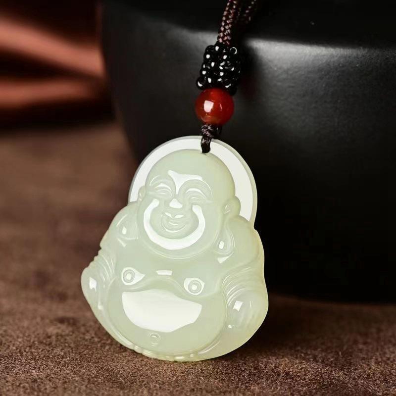 Natural Afghan White Jade Maitreya Buddha Guanyin Pendant - Laughing Buddha Couple Style Jade Stone Gift.