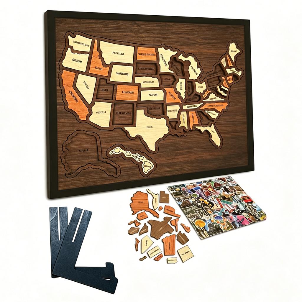 Wooden USA Maps Puzzle Reusable Landmarks Cork Travel Map Multi-Purpose Portable Wooden Puzzle for Home Decor Remarks