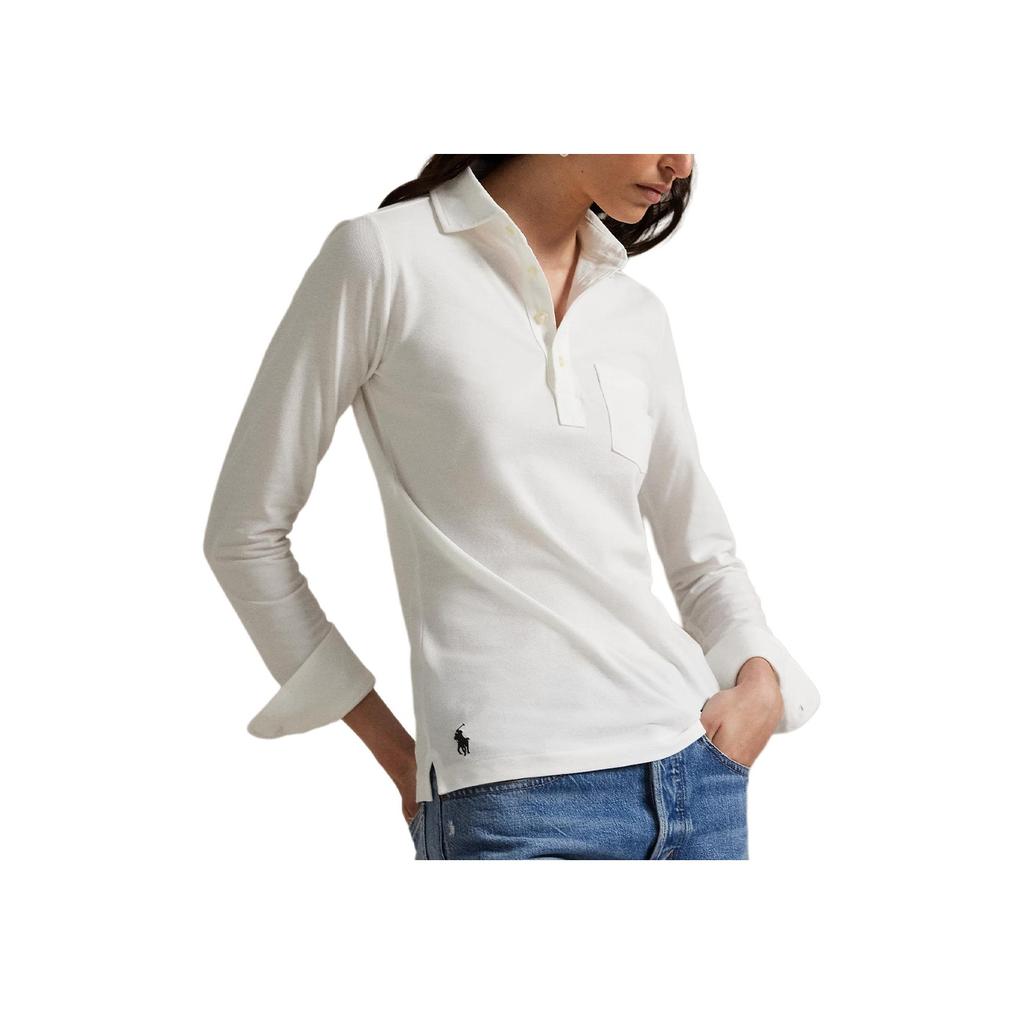 Polo Ralph Lauren Mesh Cotton Solid Embroidered Long Sleeve Polo Shirt Women Tops White 211971704-001