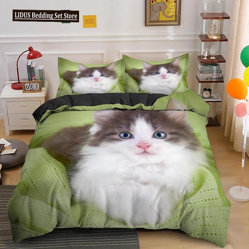 Set Copripiumino 3D Gatto Adorabile, Set Biancheria da Letto Carino Gatto Domestico Taglia Matrimoniale Queen King, Copripiumini di Lusso Animali Carini Regali Tessili per la Casa
