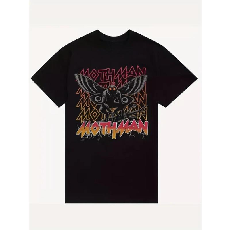 Mens Gothic Moth and Moon Pattern Tshirt Cotton Loose Casual Tshirt with MOTH lettering MOTHMAN letters contrasting design