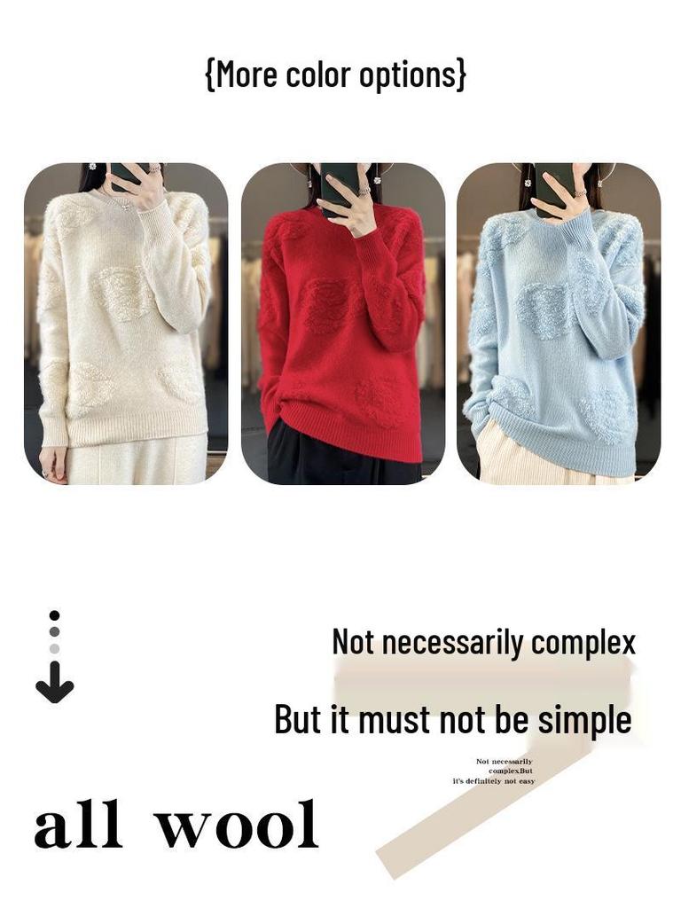 Women's Loose Wool Knit Sweater - 2024 Autumn/Winter, Half High Collar, Towel Sleeve