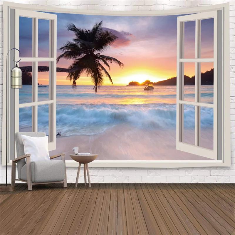 Faux Window Landscape Tapestry Wall Hanging Tropical Tree Art Decor Sea Sunrise Dorm Decoration