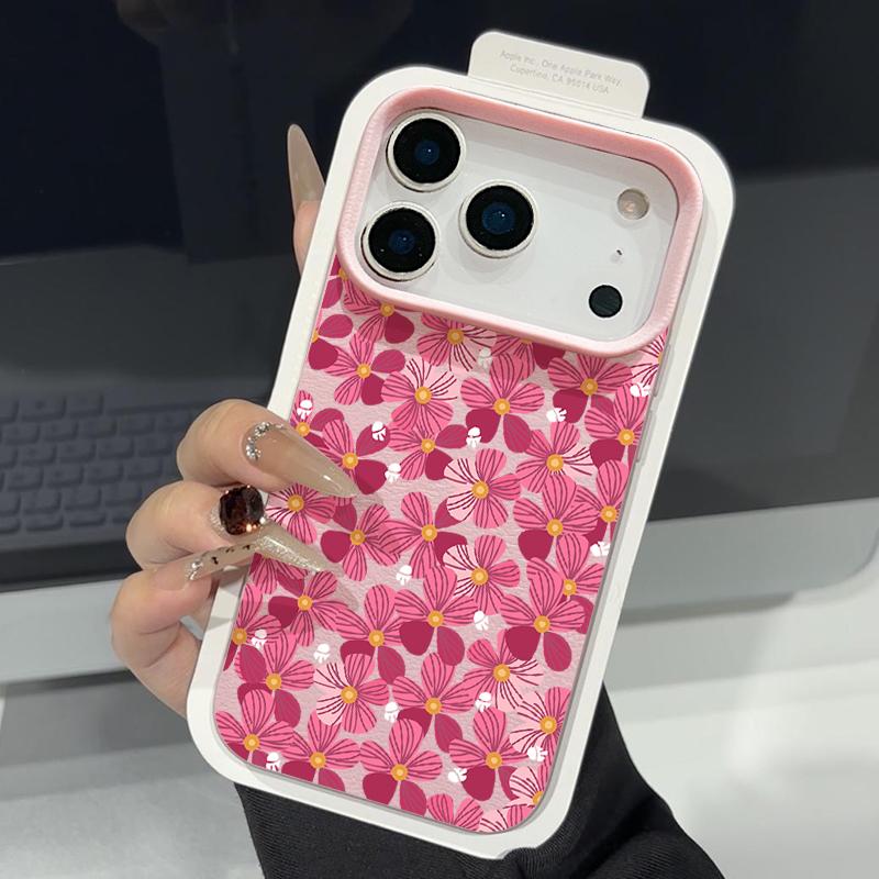 

Pink Lily Flower Print Case For iPhone 17 Pro Max iPhone 16 15 14 13 Pro Max 11 17e 16e Luxury Leather Texture Soft Silicone Matte Cover iPhone 16 розовый