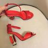 Red Patent Leather Gemstone Rhinestone Heel Bling Bling Women Sandals Ankle Strap Open Toe Chunky Heel Summer Sandals