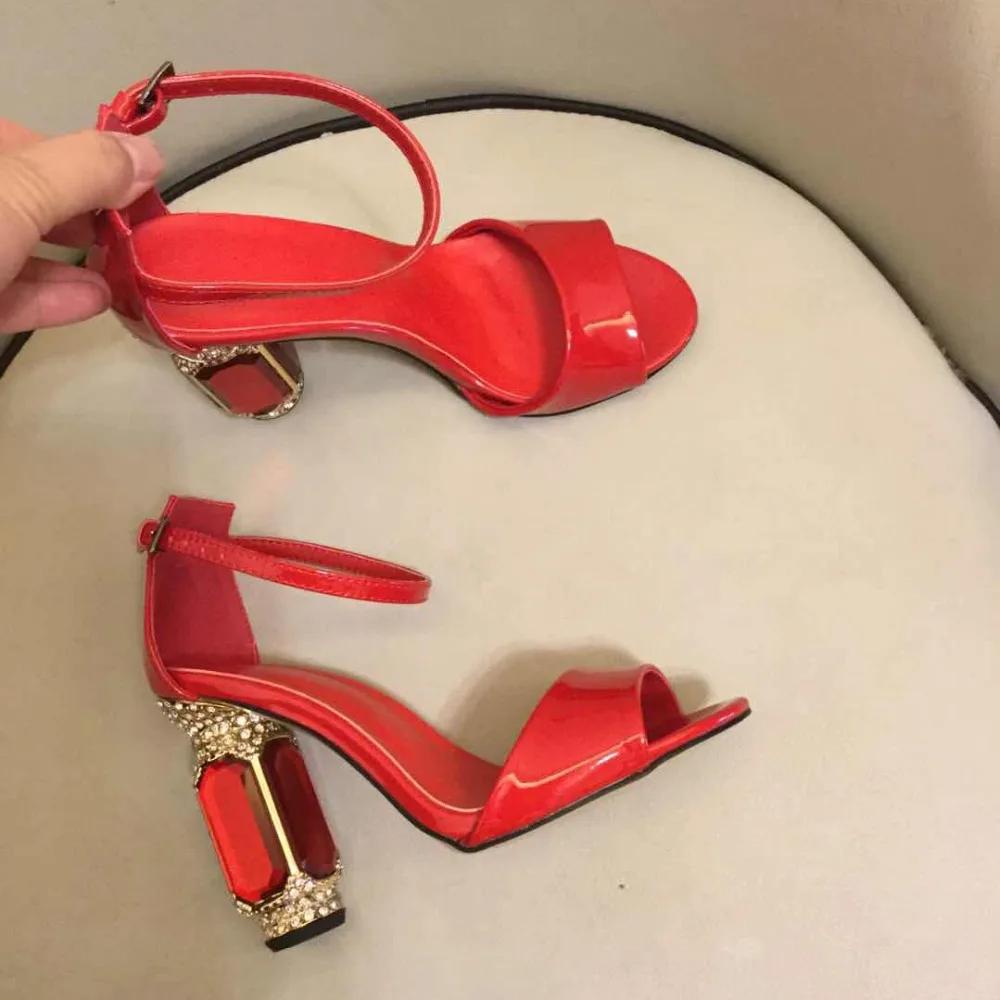 Red Patent Leather Gemstone Rhinestone Heel Bling Bling Women Sandals Ankle Strap Open Toe Chunky Heel Summer Sandals