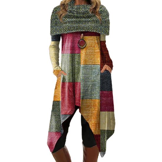 

Женское платье с шалью на плечах с цветными блоками и цифровым принтом в стиле пэчворк с нерегулярным подолом Свободное платье с длинным рукавом в стиле ретро с карманами до колена Леди Платье миди