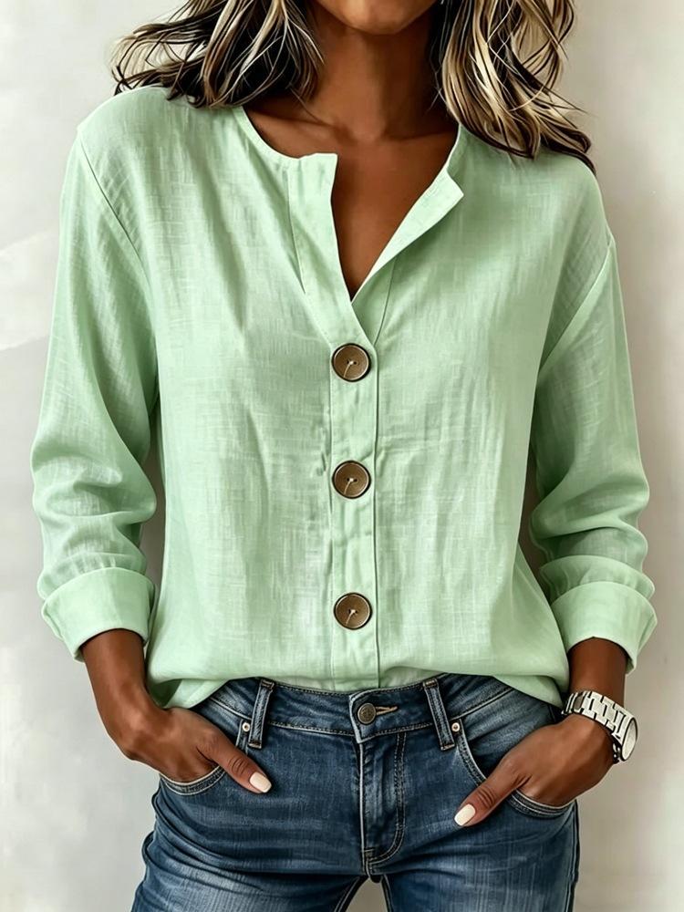 Europe, America, summer and autumn new loose T-shirt women's V-neck button-down long-sleeved top