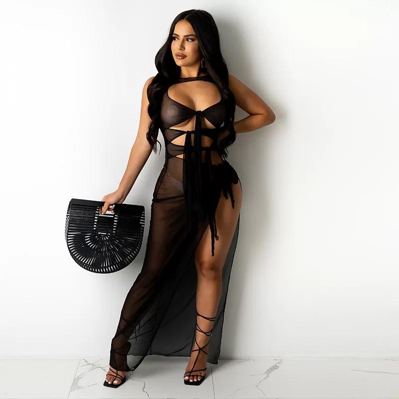 V-neck Lace up European and American-Style Autumn Sexy Pleated Dress M чёрный