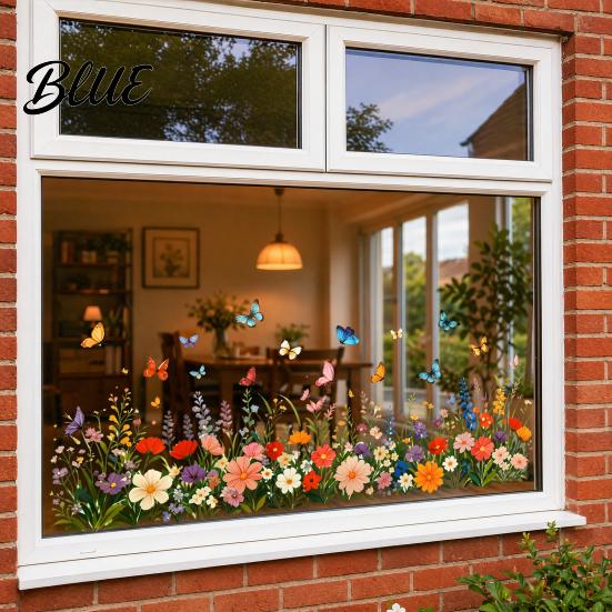 Beschädigungsfreier Glasaufkleber Bunte Blume Schmetterling Fensterfolie Wasserdicht PVC Statischer Aufkleber Abnehmbar Ohne Klebstoff für Haus Schlafzimmer Küche Dekoration
