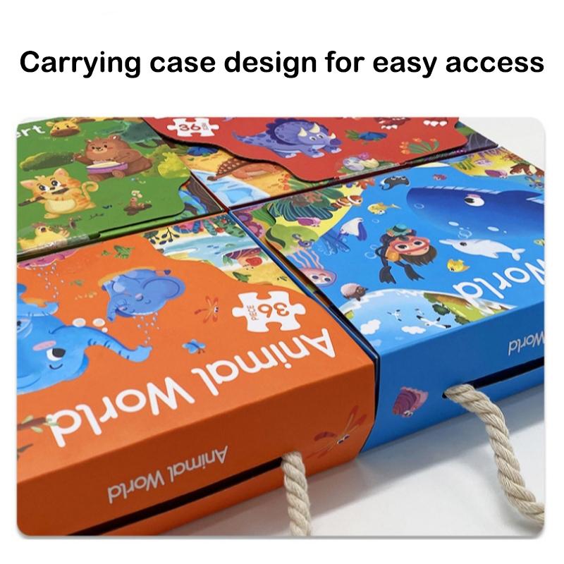 Childrens Paper Puzzle Set 36 Pieces Animal Theme Educational Learning Toy Carry Handle Case Gift for Kids 3 to 6 Years