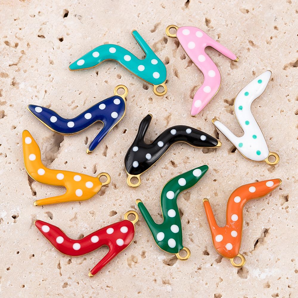 10pcs 304 Stainless Steel Double-Sided Enamel High Heel Pendant With Polka Dots Fashion Versatile DIY Necklace Jewelry Finding