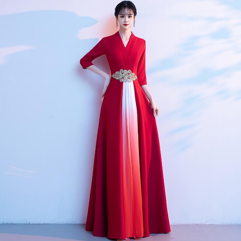 Women's Long Red Choir Performance Dress for Stage, Hosting, and Poetry Recitation Competitions - New Style Atmospheric Costume
