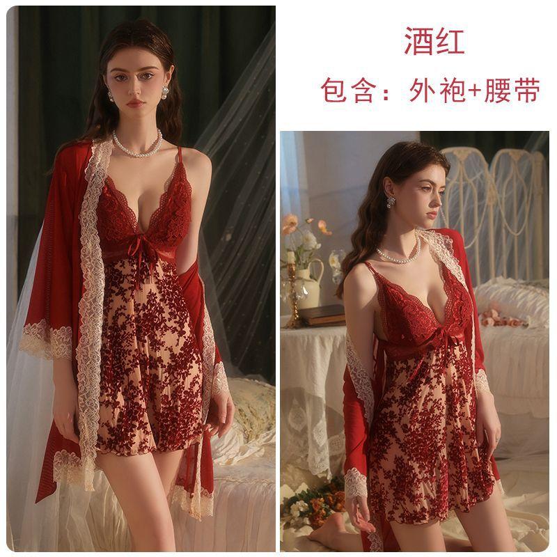 Women's Burnout Lace Removable Pads Backless Sleep Dress with Robe Lounge Set