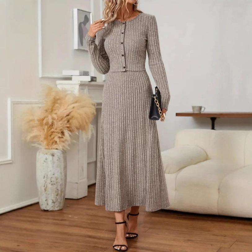 2025 European Style Korean Knit Cardigan & Elastic Waist Skirt Two-Piece Set