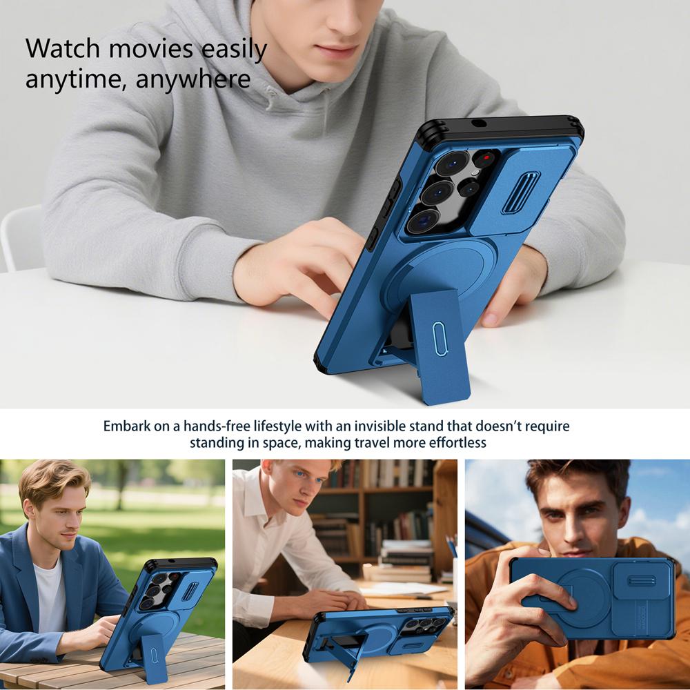 KEYSION Shockproof Magnetic Case for Samsung Galaxy S24 S25 Ultra S25+ S24 FE Slide Camera Protect Kickstand Wireless Charging Phone Cover