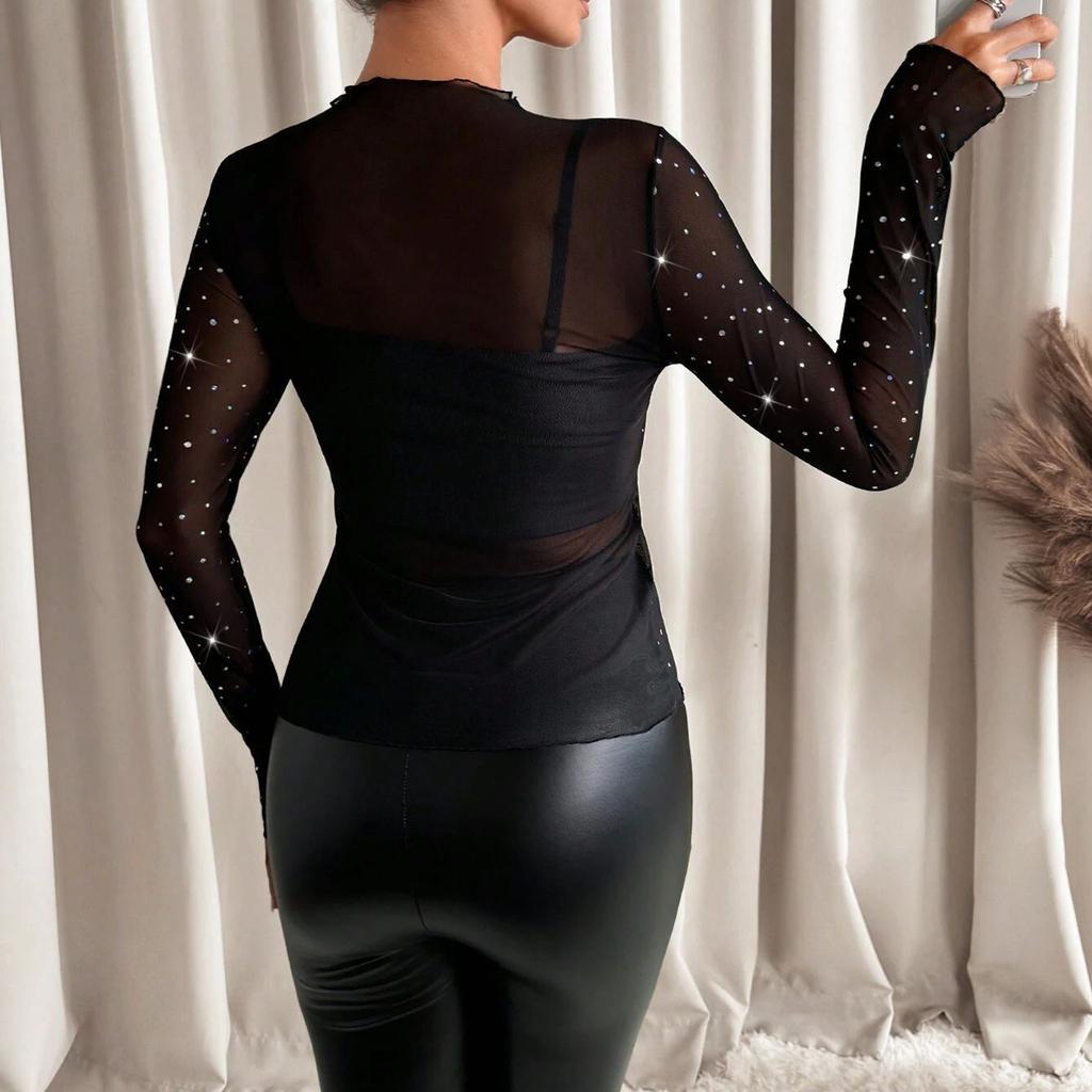 Women's Stand Collar Long Sleeve Mesh Transparent Rhinestone Decorated T,Shirt