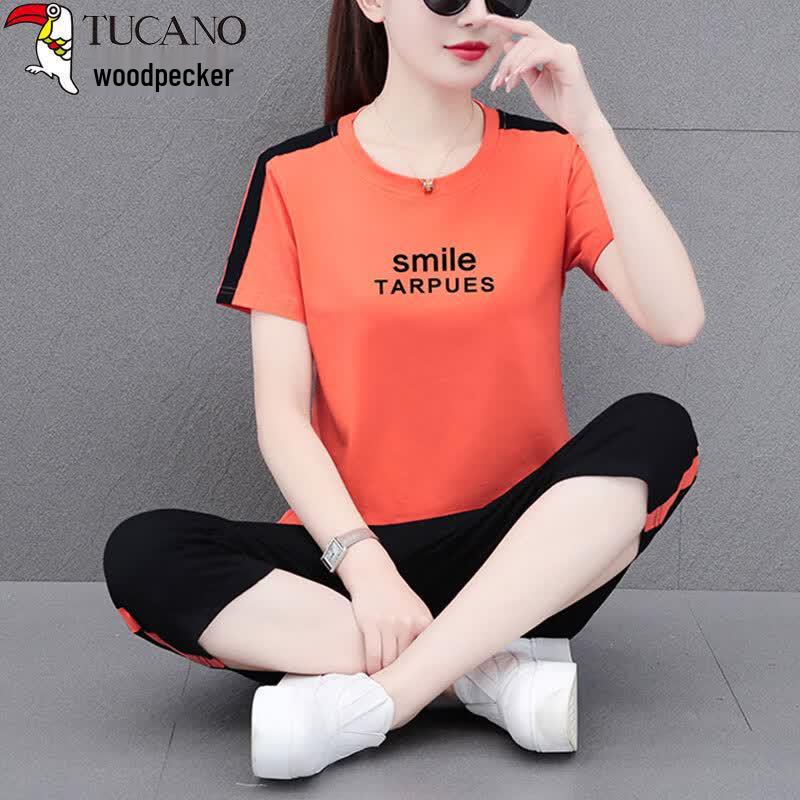 Women's Pure Cotton Short-Sleeve Sport Suit with Capri Pants