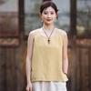 Johnature Women Vintage Tops Summer Chinese Style Solid Color Sleeveless O-Neck Embroidery Tops