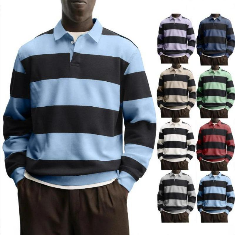 Men's Striped Long Sleeve Polo Shirt Relaxed Fit Turn Down Collar Casual Rugby Style Top