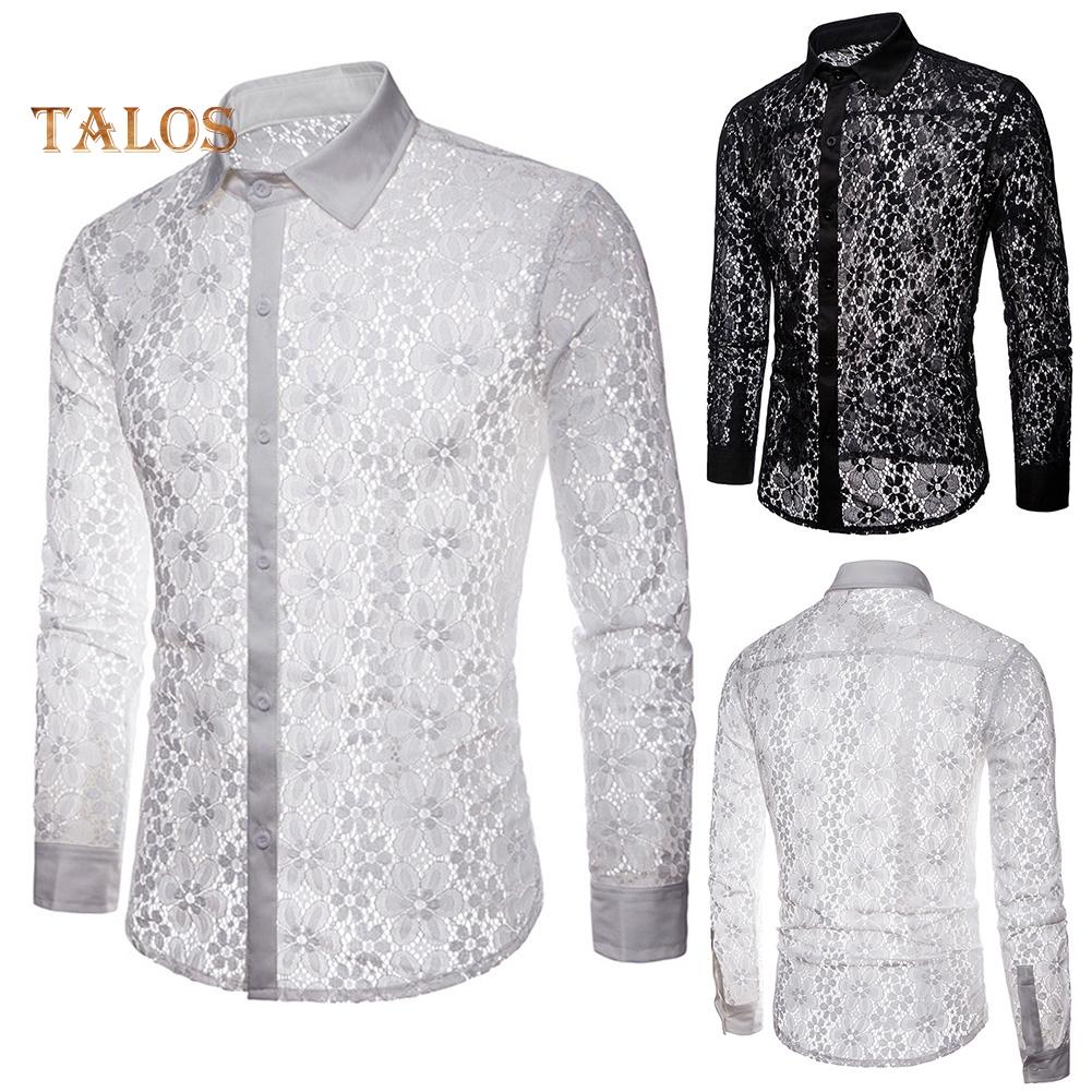 Men Sexy Long Sleeve Solid Color Lace See Through Clubwear Buttons Down Shirt
