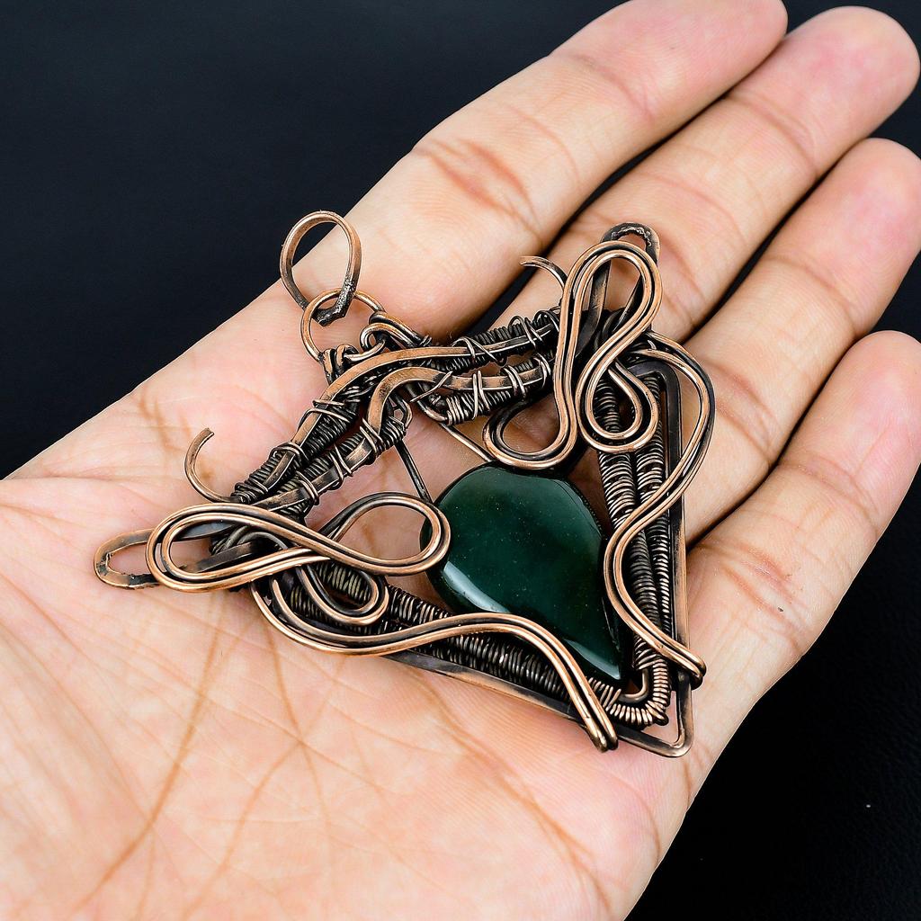 Green Zade & Moonstone Pendant, 999 Copper Wire Wrapped Gemstone Jewelry, Handmade Pendant, Gift For Love