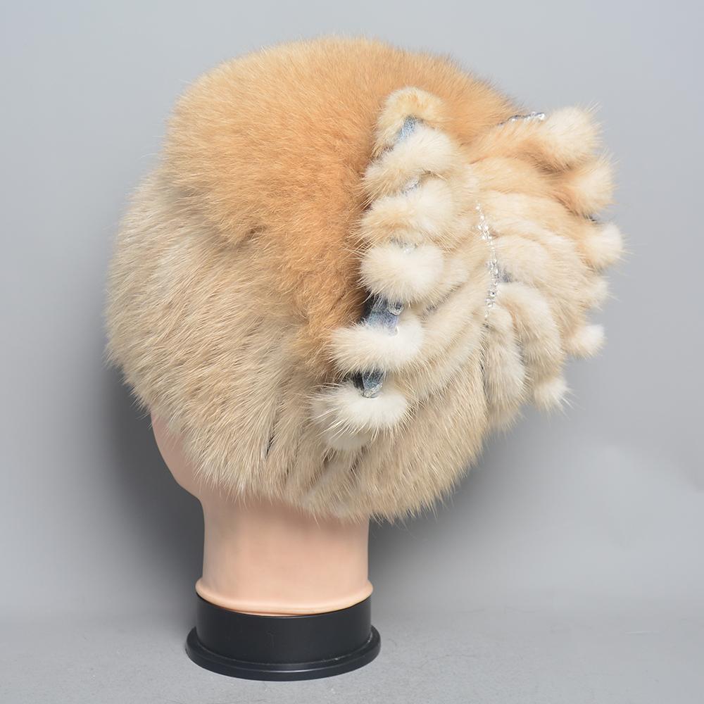 New Women Knitted Mink Fur Hats For Winter Hot Sale Luxury Lady Real Mink Fur Warm Caps Fashion Bowknot Fur Bonnets