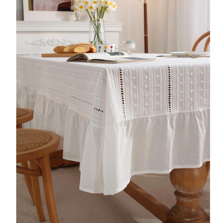 Francuski bawełniany obrus z falbankami biały, Dekoracja stolika do herbaty, Prostokątny obrus na stół do kuchni, na wesele, do dekoracji przyjęcia