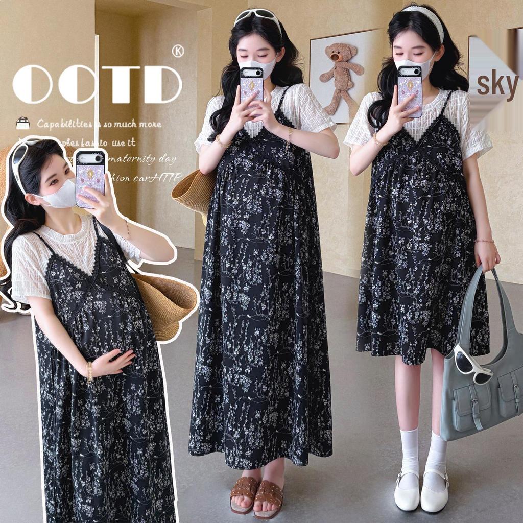 Real Shot 2026 Summer Minimalist Maternity Dress - Two-Piece Look with Round Neck