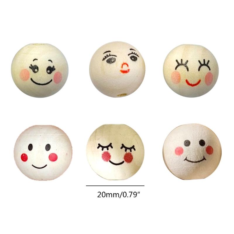 100pcs Wood Balls with Hole 20mm Smiling Face Head Ball Natural Wood Craft Bead for DIY Jewelry Making Macrames Handmade