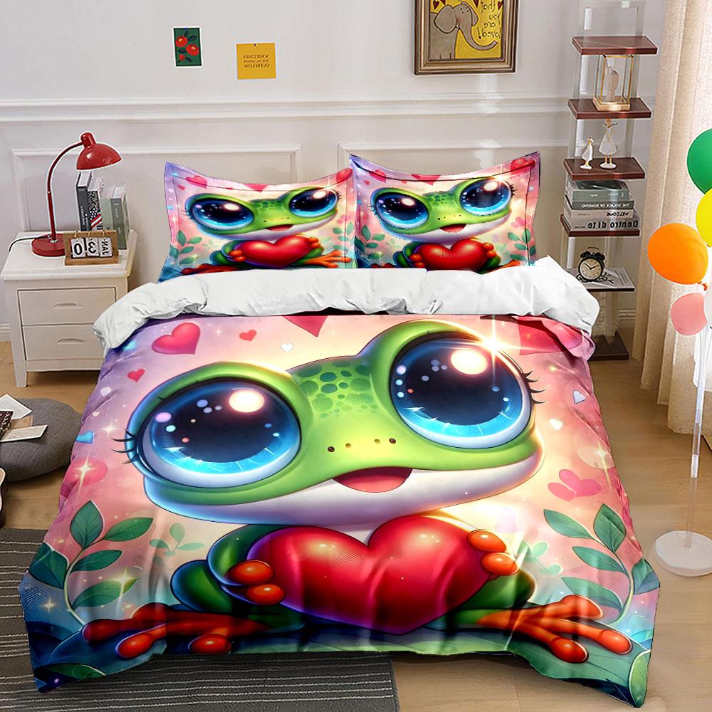 Cute Frog with Heart Design Bedding Duvet Cover Set (1*Duvet Cover 2*Pillowcases, without duvet insert)