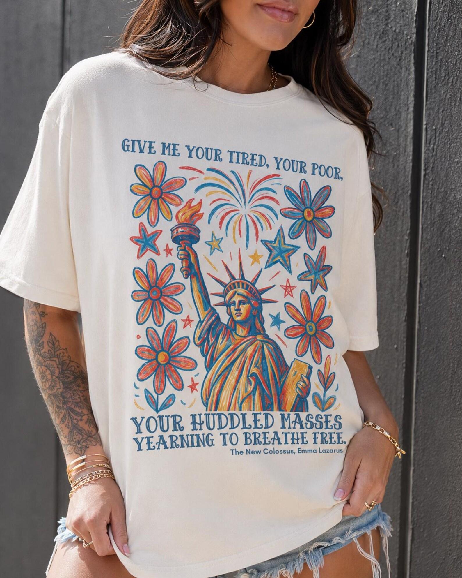 Statue of Liberty Floral Graphic Tee, Retro Patriotic USA Shirt XL