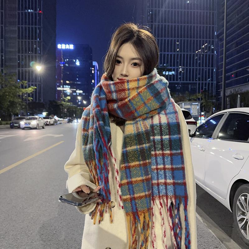Korean Version Autumn and Winter Rainbow Plaid Imitation Cashmere Scarf Female Student Couple Mohair Warm Scarf Long Shawl