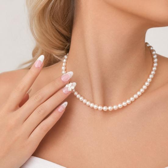 24Pcs Nude Pink Press on Nails, White Bow Faux Pearl Glue on False Nails, Almond French Tip Stick-on Fake Nails Decoration