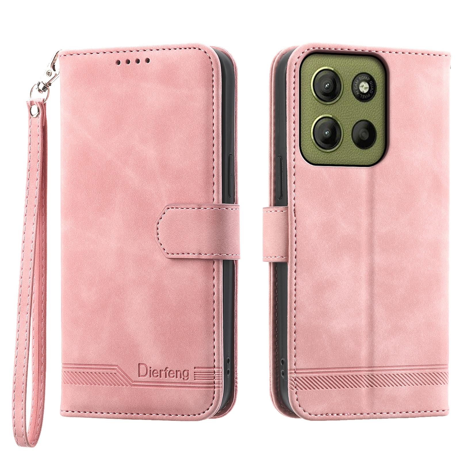

DIERFENG DF-03 For Motorola Moto G15 4G Leather Case Lines Imprint Wallet Phone Cover Pink