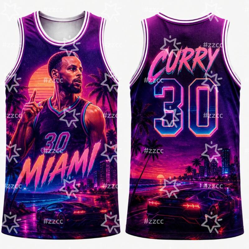 2026 Curry #30 Basketball Jersey Retro Open World Crime City Print Men 90s Florida Neon Street Style Basketball Fan Casual Vest