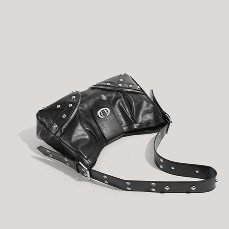 Yogodlns Women Motorcycle Rivets Crossbody Bag with Adjustable Strap PU Leather Pleated Textured Underarm Shoulder Purse Handbag