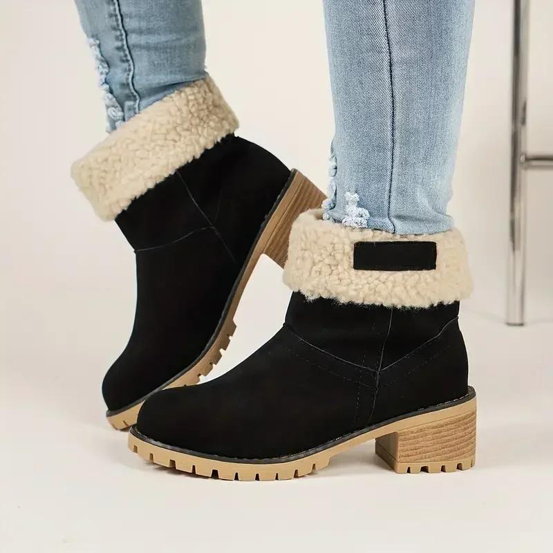 Fashion Autumn and Winter Fashion New Casual Comfortable Plus Velvet Warm Square Heel Round Toe Solid Color Women's  Ankle Boots Shoes